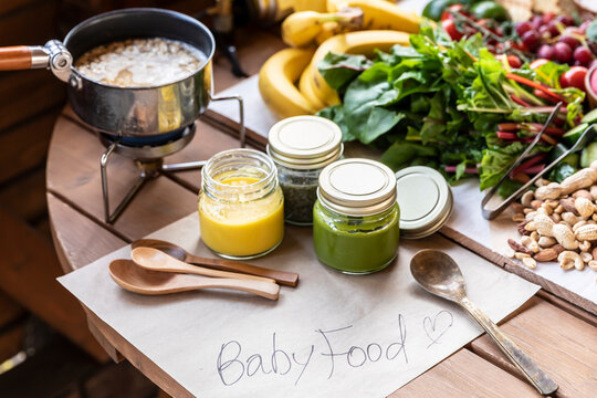 Close-up of organic baby food and healthy weaning snacks at a glamping catering event. Nutritious infant meal preparation at a campsite near Lake Yamanaka.