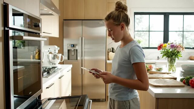 Teen girl baking with tablet recipe in kitchen looking at oven. Home cooking concept.