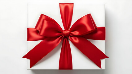 White gift box with red satin ribbon on white background elegantly wrapped present with luxurious bow