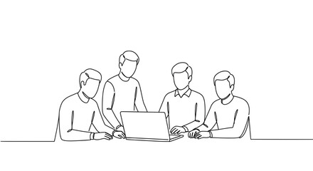 Line drawing of four people collaborating around a laptop on a tabletop, with a neutral background, in a professional meeting setting.