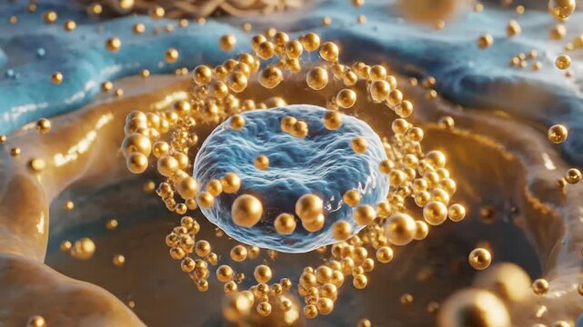 Microscopic visualization of targeted cell therapy showing nanospheres attacking a central diseased cell, crucial for cancer awareness and research.