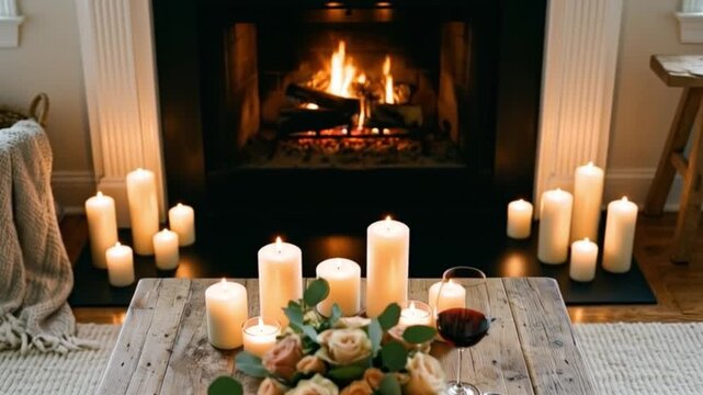 Romantic candlelit dinner setting on a rustic wooden table featuring elegant floral centerpiece, red wine glasses, and numerous white pillar candles glowing warmly in front of a cozy fireplace