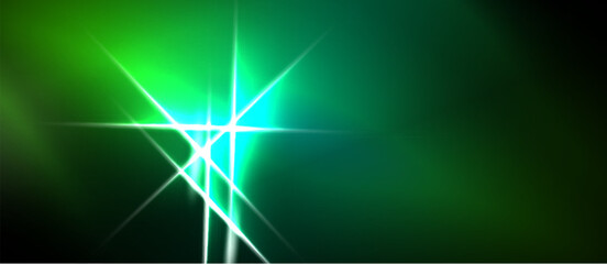 Naklejka premium Bright green light flares, radiating energy. Abstract design features sharp lines, creating dynamic visual effect. Dark background emphasizes luminosity.