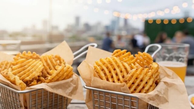 Two wire baskets of crispy golden waffle fries served on brown parchment paper with assorted dipping sauces and craft beers on a wooden rooftop table overlooking a blurred city skyline at dusk