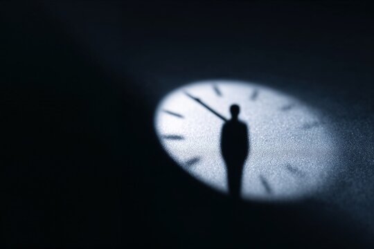 Silhouette of person standing inside clock face