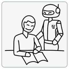 A person interacts with a friendly robot while reading a book.