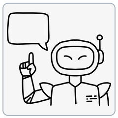 Friendly robot with speech bubble and raised finger.