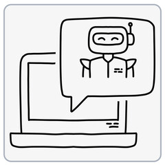 Chatbot illustration on a laptop screen with speech bubble.