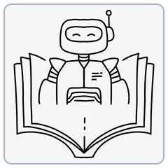Robot reading a book in a playful illustration style.