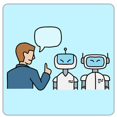 A person communicates with two friendly robots.