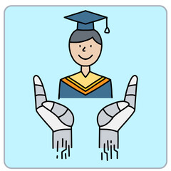Graduation concept with a student and robotic hands supporting.