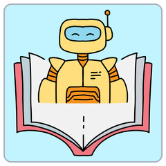 Robot character emerging from an open book illustration.