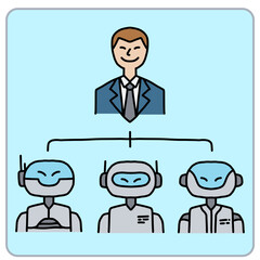Businessman overseeing three robots in a hierarchical structure.