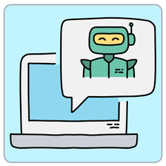 Friendly robot character on a laptop chat screen illustration.