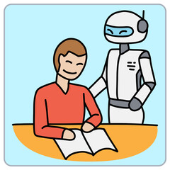 A person studies with a friendly robot assistant by their side.