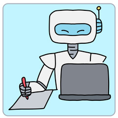 Robot writing on a laptop with a notepad beside it.