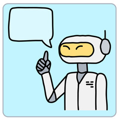 Cartoon robot with a speech bubble, gesturing thoughtfully.