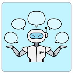 Friendly robot with speech bubbles in a communication theme.