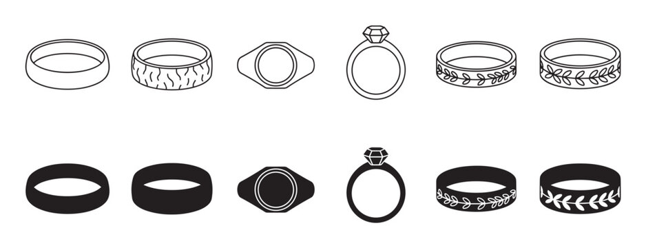 Collection of black and white rings in line art and silhouette styles, featuring various designs like a diamond engagement ring, plain bands, and floral or textured patterns