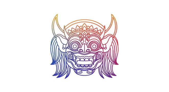 Vibrant Balinese Barong Mask Gradient Line Art Illustration Traditional Cultural Symbol