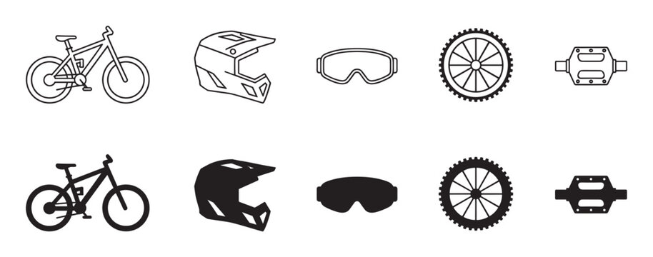 Mountain bike equipment and gear icon set with a bicycle, full-face helmet, goggles, wheel, and pedal in both line art and solid silhouette styles for extreme sports