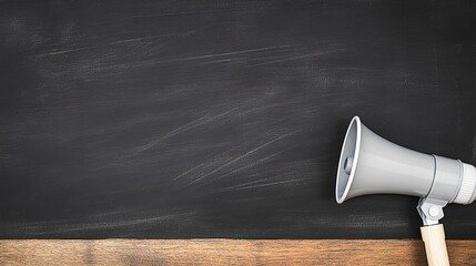 megaphone. Empty blackboard with a megaphone on a wooden desk, highlighted by dramatic side lighting. public awareness campaigns.