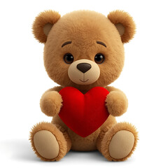 Fototapeta premium Cute fluffy brown teddy bear holding a large red heart isolated on white background