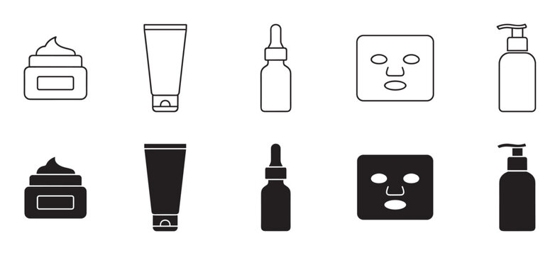 Cosmetic skincare product icon set collection showing line art and solid glyph styles for cream jar, lotion tube, serum dropper, face mask, and pump dispenser bottle