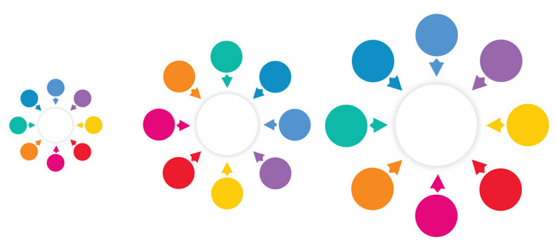 Colorful circular infographic templates with arrows pointing to a central hub in three sizes