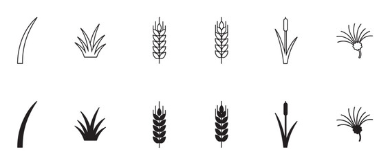 Fototapeta premium Set of twelve minimalist plant icons in black, showcasing grass blades, wheat stalks, cattails, and dandelions in both linear outline and solid filled silhouette styles