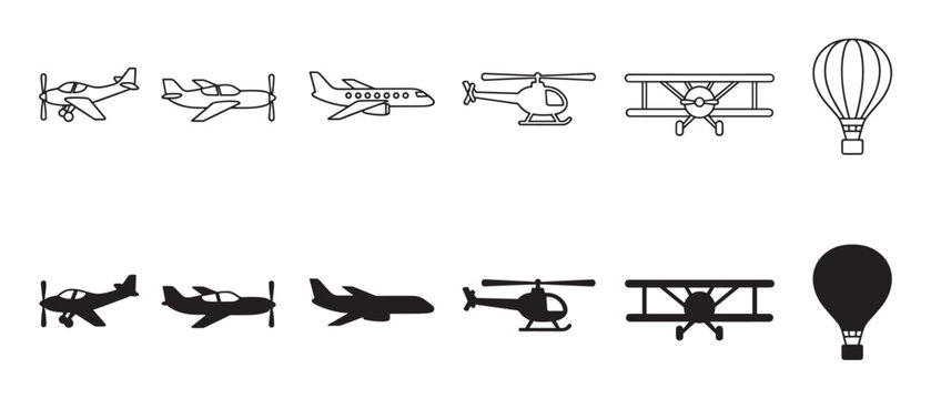Collection of black air transport icons featuring various aircraft like a jet, helicopter, biplane, and hot air balloon in both outline and solid silhouette styles