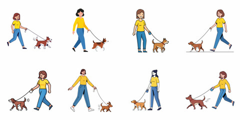 Set of Vector Illustrations: Happy Women Walking Dogs on Leash