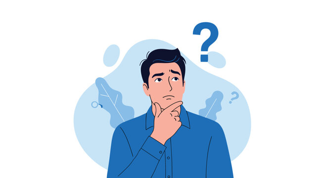 Confused young man in blue shirt thinking with hand on chin and large question mark over his head.