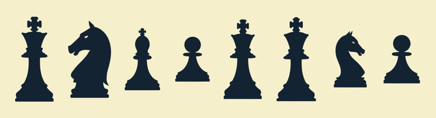 silhouettes of classic chess pieces against a light © Dueke