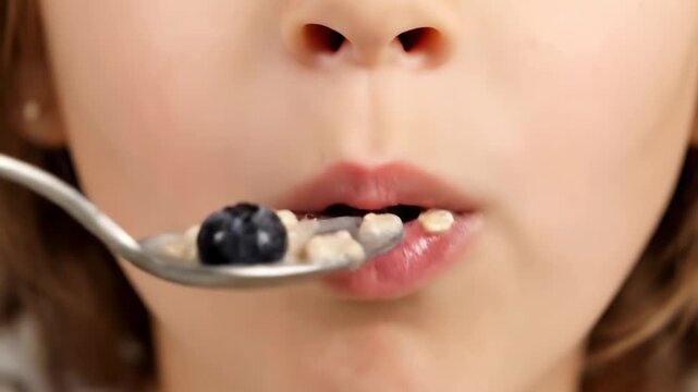 Extreme close-up of a child's mouth eating oatmeal with blueberries. Kid enjoying a healthy breakfast porridge from a spoon