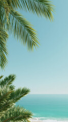 Fototapeta premium Tropical beach scene with palm leaves framing a serene turquoise ocean, perfect for travel themes.