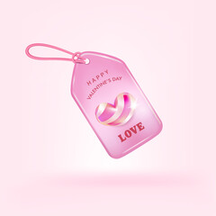 Happy valentine love tag label 3d render vector. Special discount tag online shopping banner with gradient holographic heart shape.