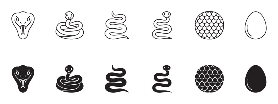 Set of black snake and reptile icons in linear and silhouette styles showing a serpent head, coiled body, slithering form, scales pattern, and an egg for a minimalist design