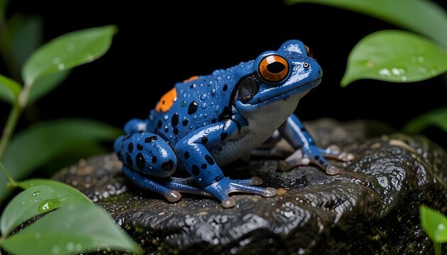 Vibrant blue poison dart frog resting on a wet dark rock, covered in water droplets, with orange eyes and spots, photorealistic macro scene with dramatic lighting and shallow depth.