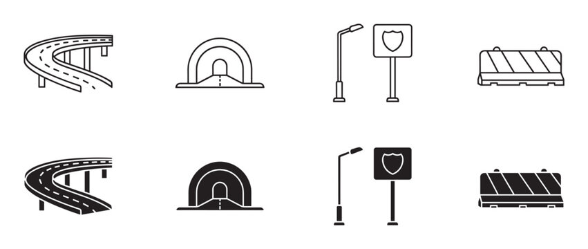 Highway infrastructure and road safety icon collection featuring a flyover, tunnel, street light, shield sign, and barricade in both outline and solid glyph styles