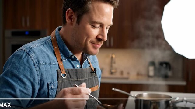 Male chef tasting food from a spoon in a kitchen. Cook checking flavor of soup or sauce while cooking