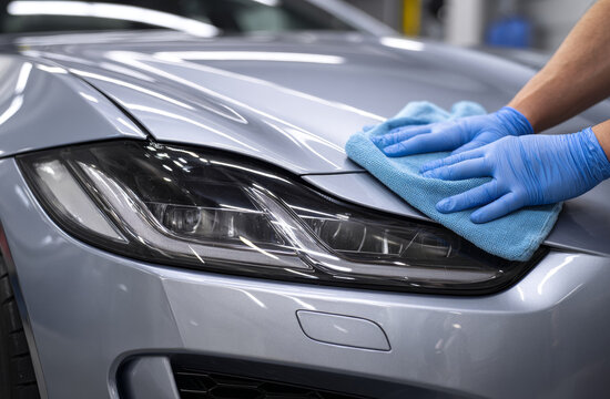 Person wearing blue gloves cleaning the headlight of a silver car with a blue cloth in an auto service center