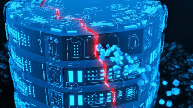 3D animation of a digital server cracking and breaking. Data breach or system failure concept