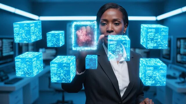 Businesswoman interacting with futuristic holographic data cubes. Finding a corrupted red file in a virtual interface
