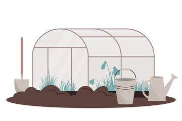 greenhouse with plant and gardening tools