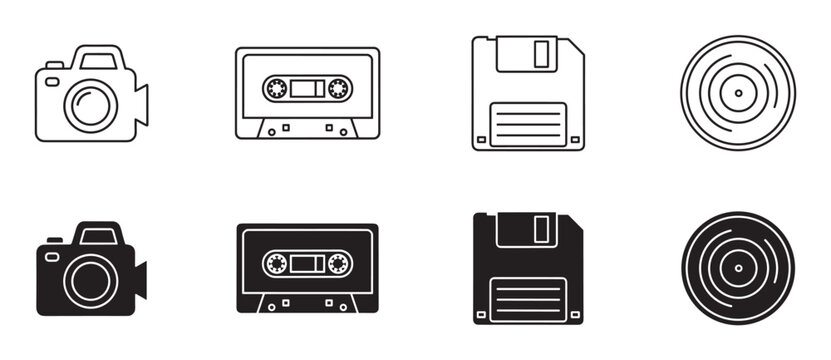 Set of black retro technology icons featuring a camera, cassette tape, floppy disk, and vinyl record in both outline and solid silhouette styles for graphic design elements