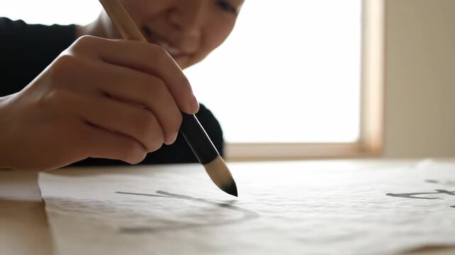 Close-up of an Asian woman writing Japanese calligraphy with a brush. Happy female artist practicing traditional Shodo art on paper