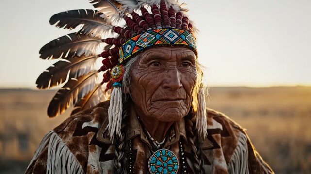 Portrait of a Native American elder in traditional headdress and attire.