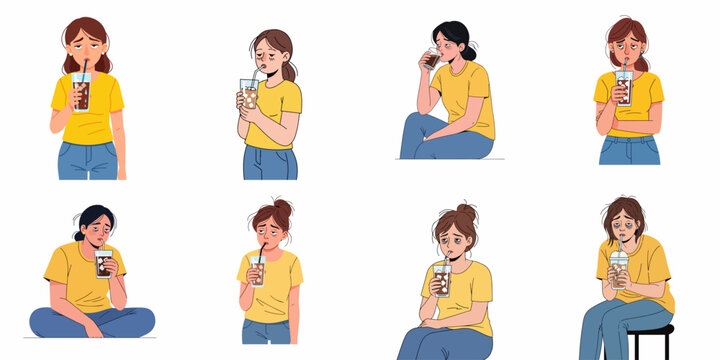 Set of eight cartoon illustrations showing sleepy, exhausted women drinking iced coffee or soda to combat fatigue and seek caffeine energy on a white background.