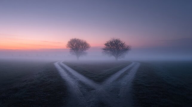 destiny. A mysterious foggy crossroads splits into two paths, evoking a sense of choice and adventure. wellbeing guides, coaching materials, designed for coaching and self-improvement content.